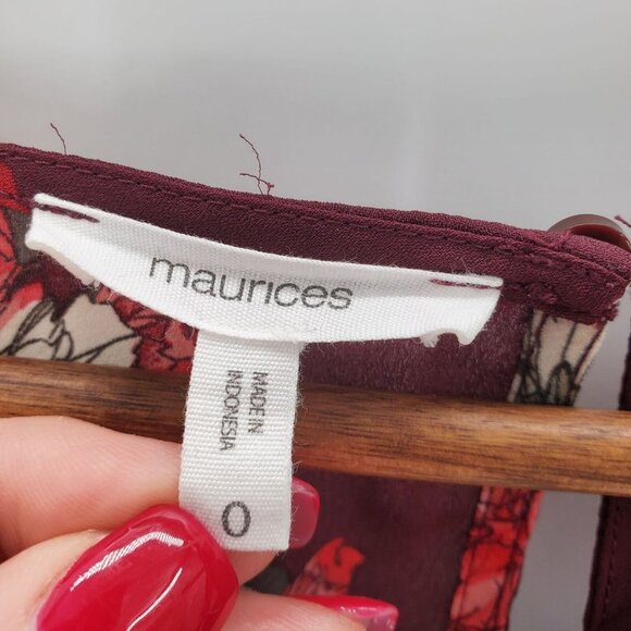 Maurices Womens Floral Semi-Sheer Tunic Top Sz 0 V-Neck Maroon Red Long Sleeve - Picture 7 of 11